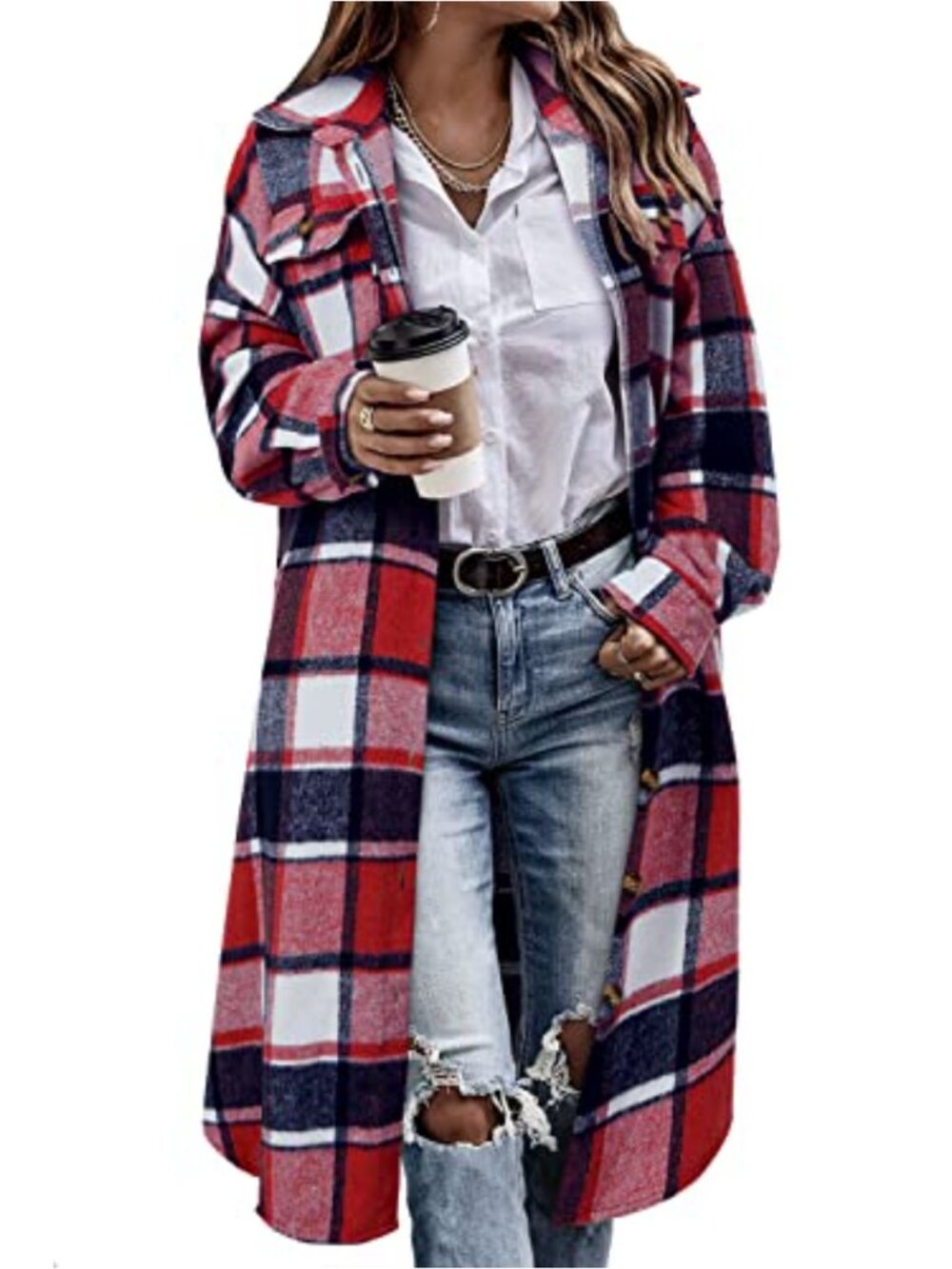 Plaid Long Shacket Flannel Jacket Button Down Tartan Trench Coat